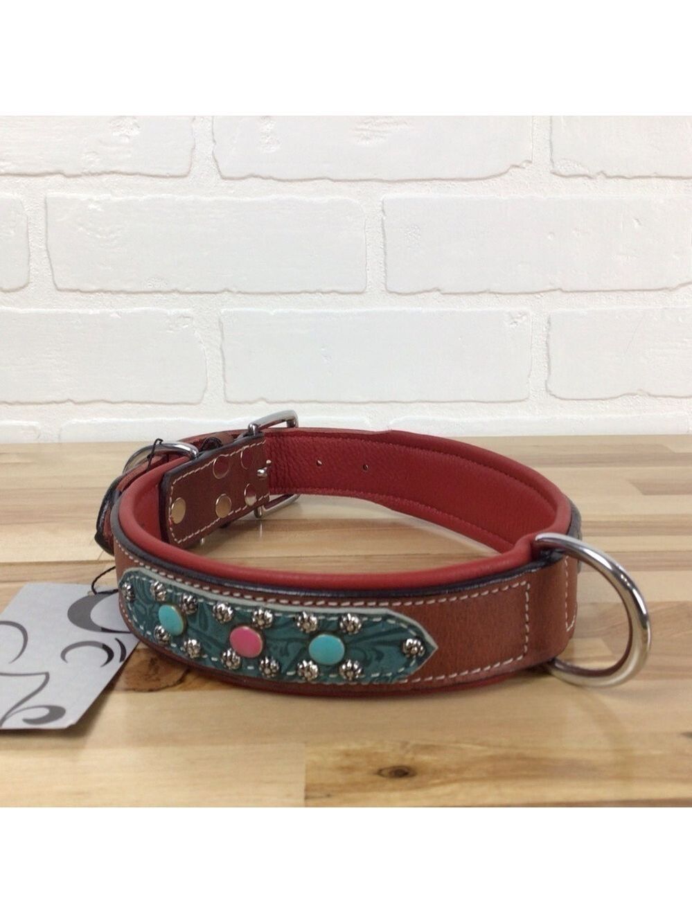 Mad Cow genuine leather jewelry dog collar handmade red pink turquoise studded